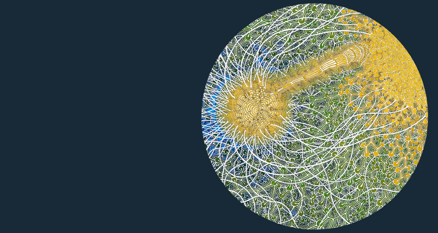 Dark blue bckground with a colourful circle 