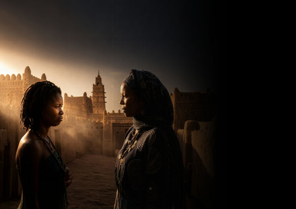 Two people face each other in profile in a dusty, sunlit courtyard, with a tall, tower-like structure in the background