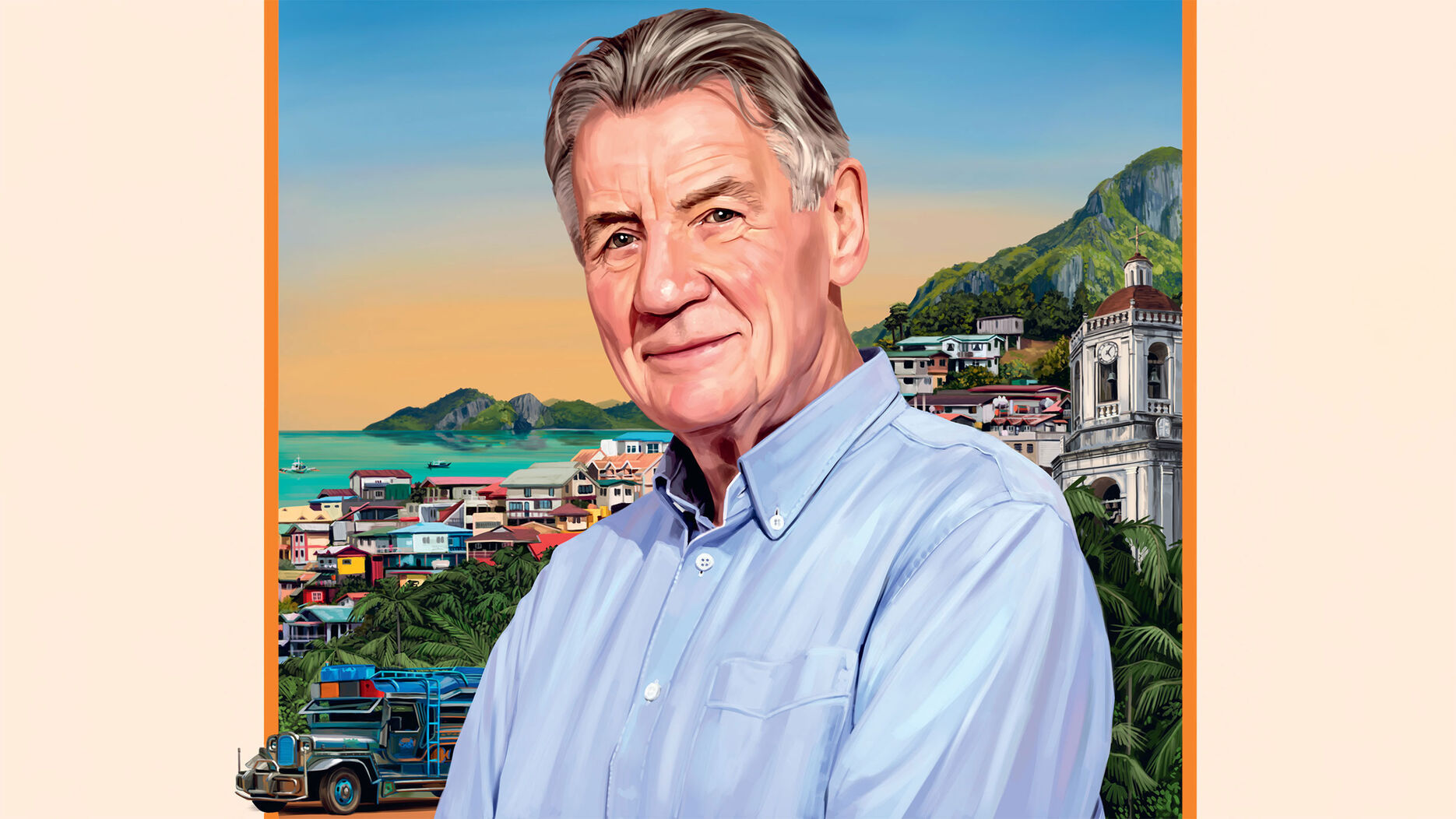 Michael Palin stands in front of a coastal town