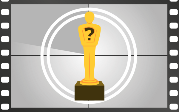 A largely black and white image of a film reel with a question mark on an Oscar statuette. 