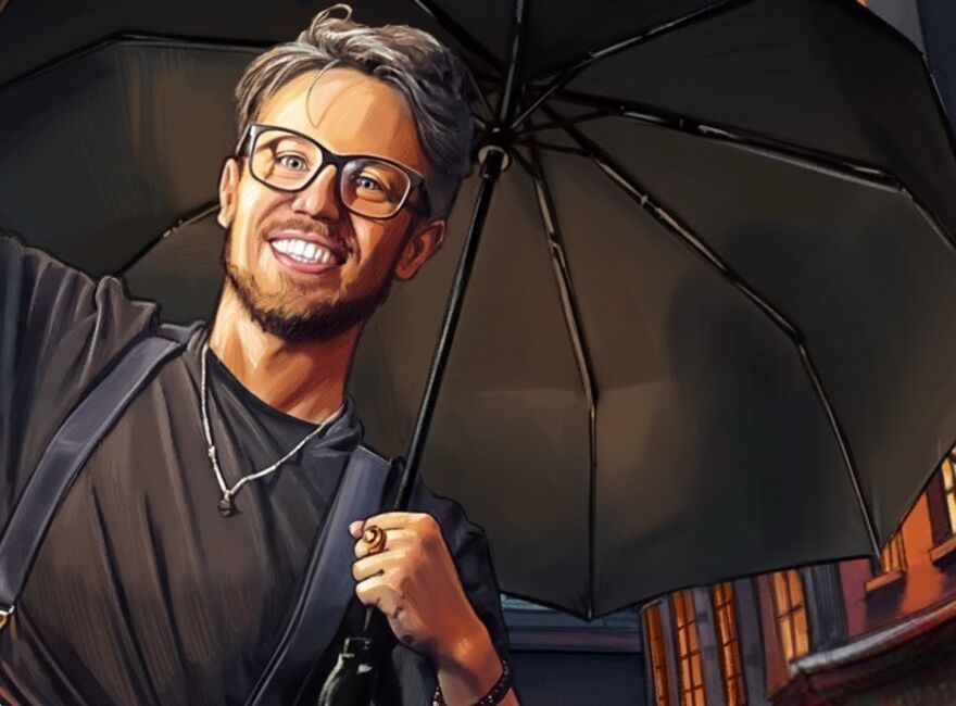 Illustration of James Phelan holding an umbrella