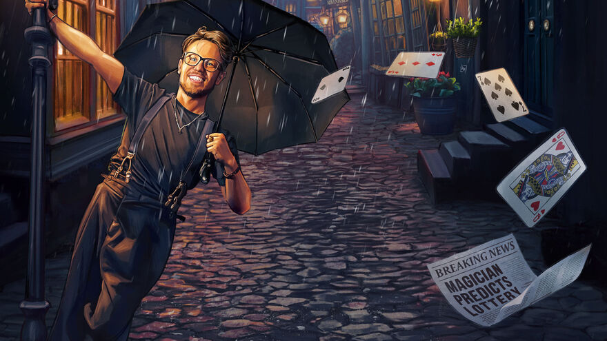 Illustration of man holding an umbrella in the rain with playing cards in the air