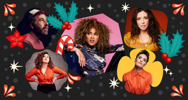 Composite image of Michelle de Swarte, Rose Matafeo, David O’Doherty, Bridget Christie, and Jen Brister surrounded by christmassy objects