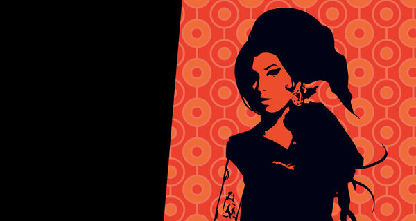 A black silhouette of Amy Winehouse on red background 