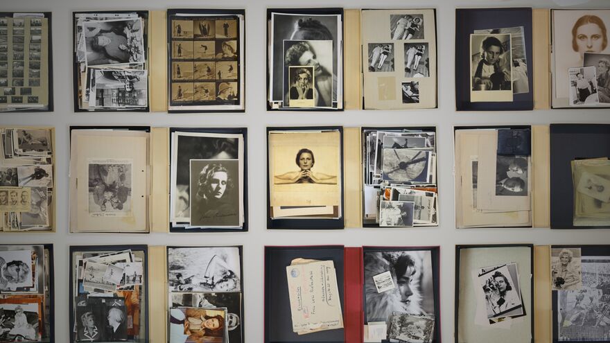 Stacked images of Leni Riefenstahl sitting side by side.
