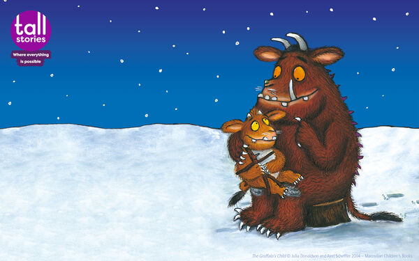 Illustration of The Gruffalo holding The Gruffalo's Child sat in a log in a snowy landsscape