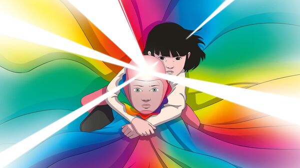 An anime image of a girl holding onto a boy. The boy is wearing a bright rainbow cape and has light beams shining from his head. 