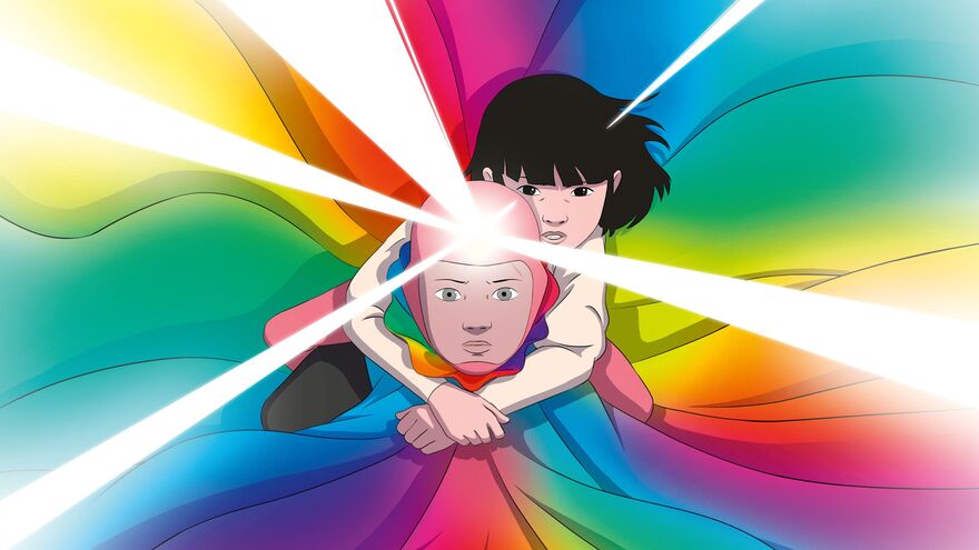 An anime image of a girl holding onto a boy. The boy is wearing a bright rainbow cape and has light beams shining from his head. 