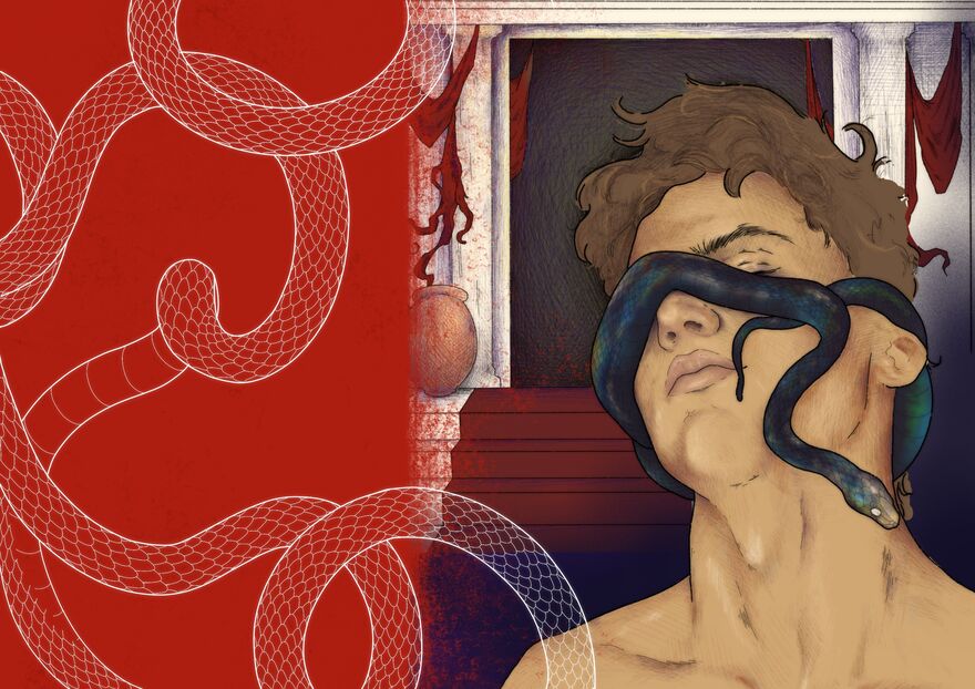 Left half of image red with a white snake outline, right half has a man with a snake wrapped around head 