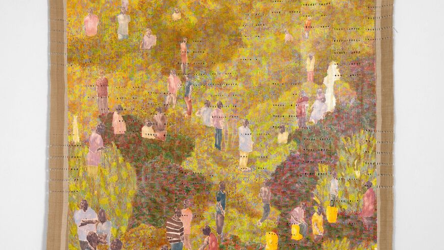 Nengi Omuku, Dream Logic (2026): Oil on woven sanyan fabric showing shadowy figures in a colorful, impressionistic landscape.