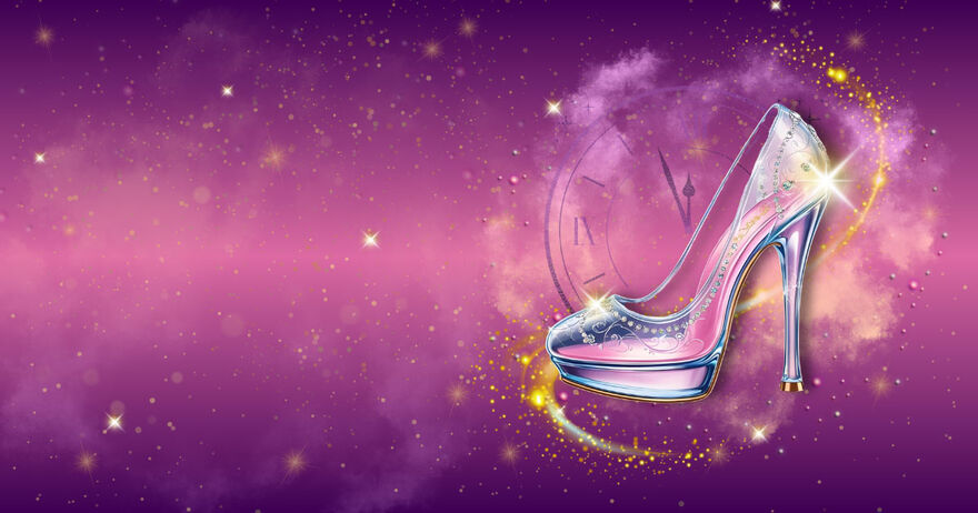 Illustration of a glass slipper and a clock against a sparkly purple background