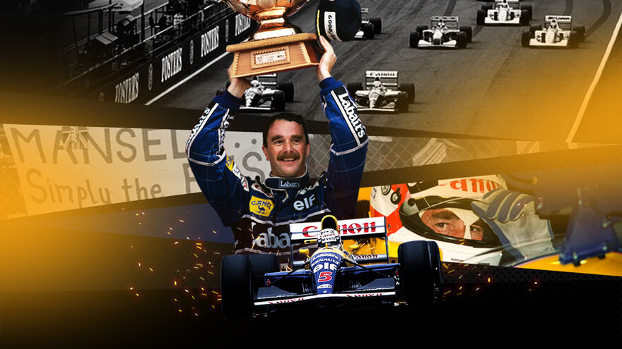 Nigel Mansell lifting a trophy with an F1 Car in front, collage of him driving in the background