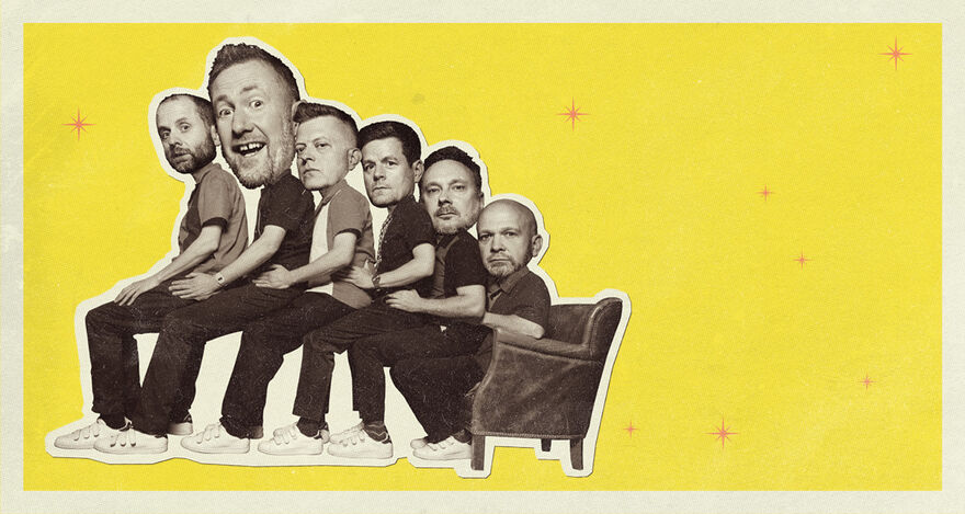 The Horne Section all sat on each others laps with a yellow background
