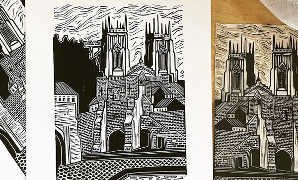 Linocut Print of a medieval building