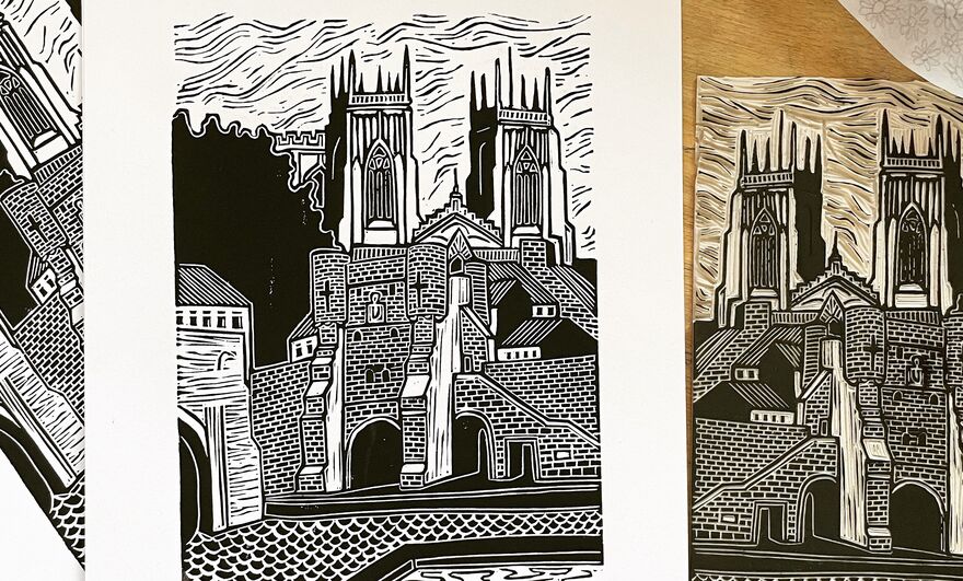 Linocut Print of a medieval building