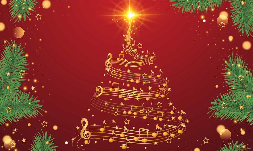 Illustration of a golden Christmas Tree made out of musical notes, surrounded by festive foliage