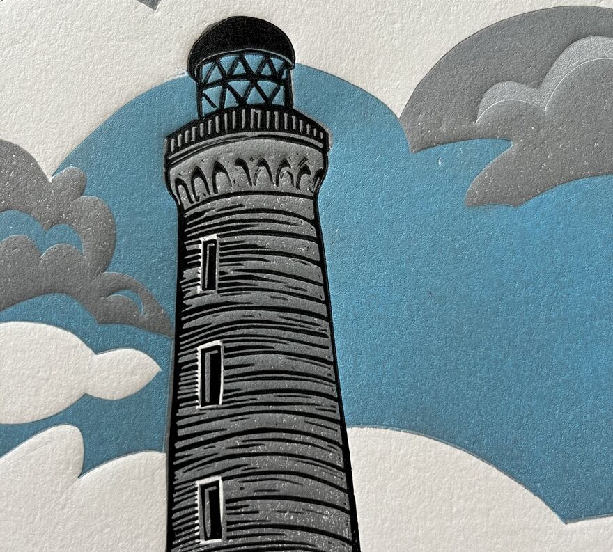 Linocut print of a lighthouse 