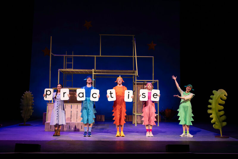 Five actors from the Zog theatre production stand in a line on stage, wearing colourful costumes and holding up signs that spell the word 'practise'.