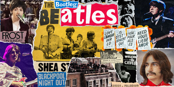 A scrapbook-style photo collage for The Bootleg Beatles in Concert, featuring various images of the tribute band capturing different eras of The Beatles