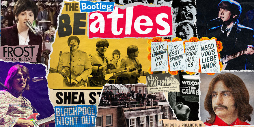 A scrapbook-style photo collage for The Bootleg Beatles in Concert, featuring various images of the tribute band capturing different eras of The Beatles