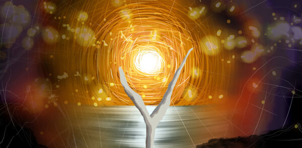 Digital artwork of a bare tree branch in a fork shape with sun in between the branches