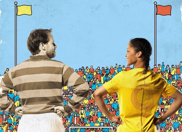 a man with a black and white filter and girl wearing a bright yellow top, both with their hands on their hips lookig towards eachother