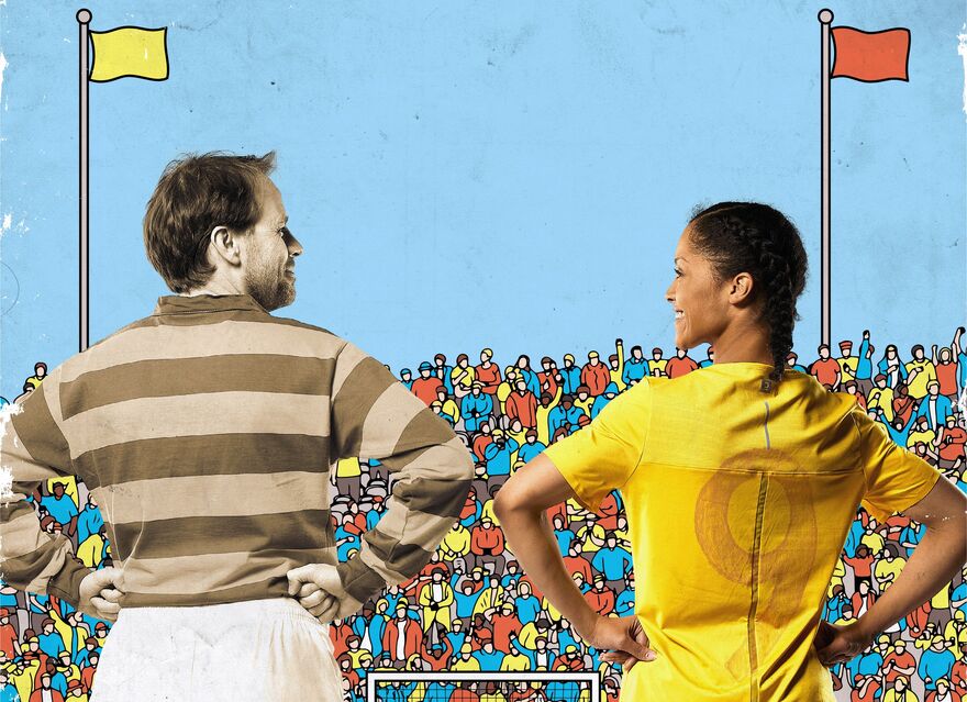 a man with a black and white filter and girl wearing a bright yellow top, both with their hands on their hips lookig towards eachother