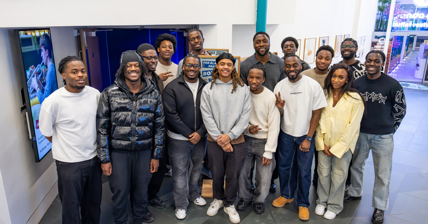 Student organisers and attendees gathered for the Boys2Men event funded by the PLATFORM initiative at Warwick Arts Centre.