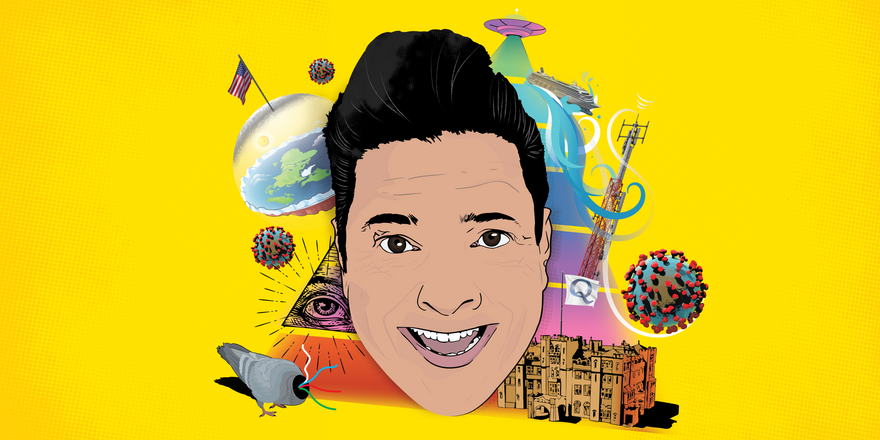 Graphic of Dom Joly head with a selection of famous conspiracy theories 