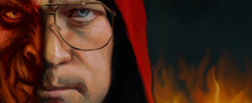 Illustration of Garth Marenghi in a red cloak with fire behind him