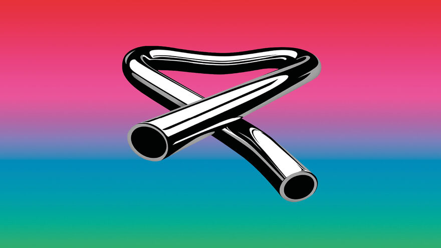 Multi-coloured background with tubular bell's silver logo in the centre