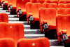 A close up of the red cinema chairs and steps