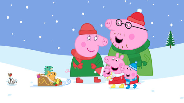 Peppa Pig and the whole family play outside in the snow. 