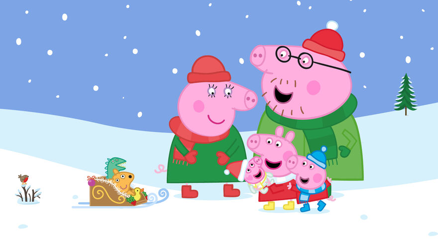 Peppa Pig and the whole family play outside in the snow. 