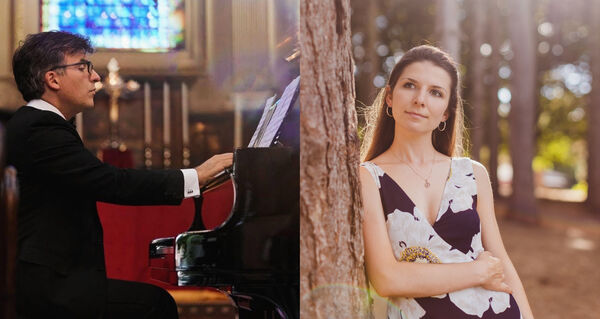 A man playing a piano and a woman leaning against a tree