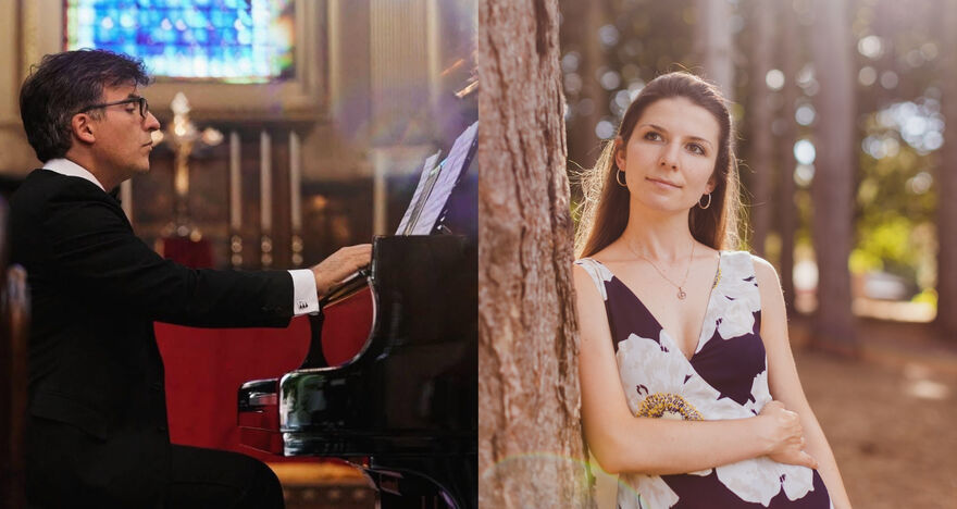 A man playing a piano and a woman leaning against a tree