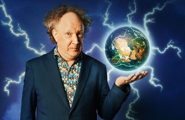 Andy Zaltman with lightning behind and planet earth above his hand