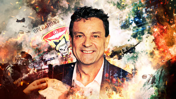 Composite image of Damien Lewis surrounded by explosions and military equipment