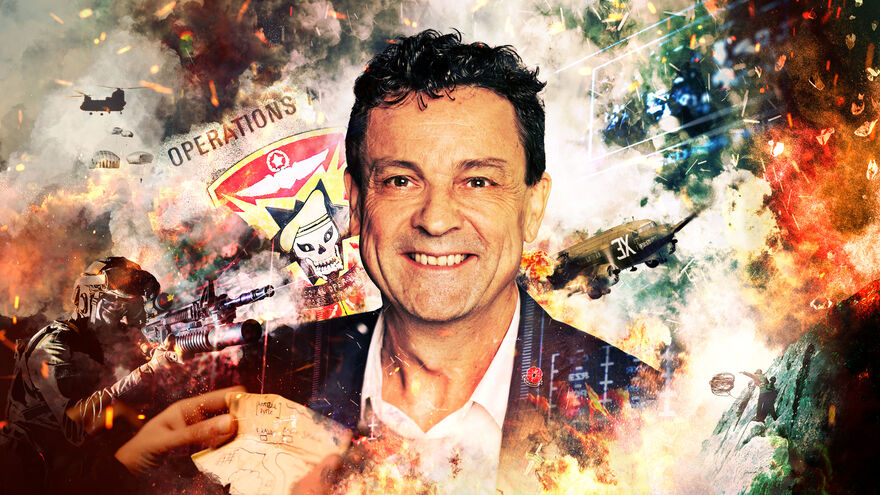 Composite image of Damien Lewis surrounded by explosions and military equipment