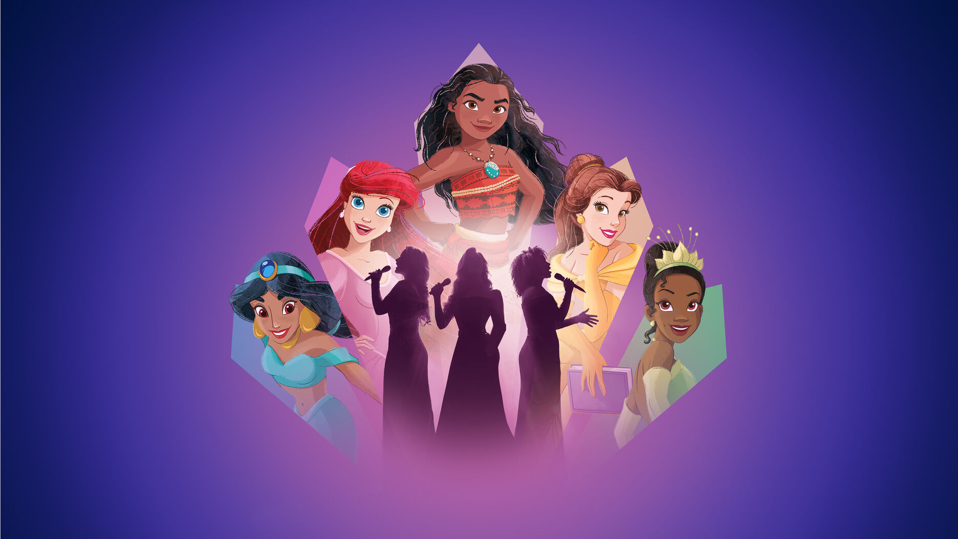 Three women sing into a microphone with images of Disney princesses around them, with a purple background