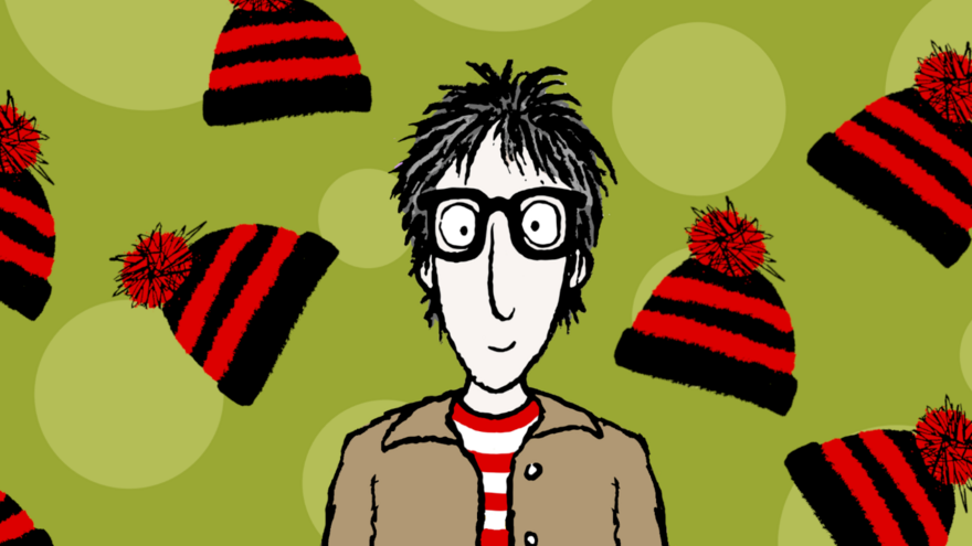 An illustration of Nick Cope surrounded by black and red bobble hats