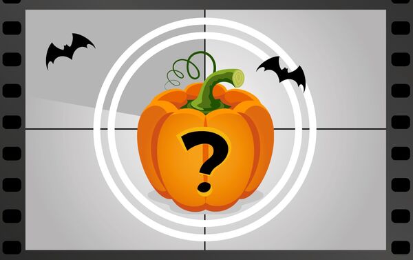 A largely black and white image of a question mark within a vibrant orange pumpkin with two bats flying around. 