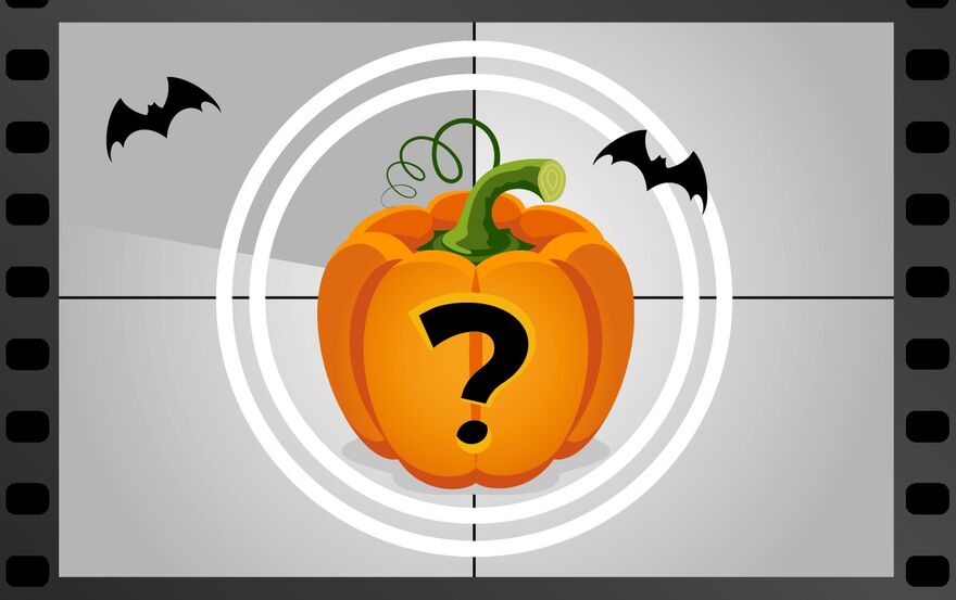 A largely black and white image of a question mark within a vibrant orange pumpkin with two bats flying around. 