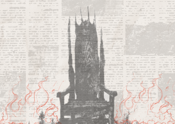 Print of a throne with fire either side 