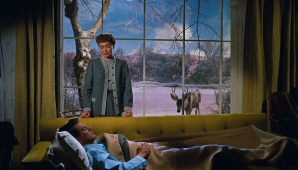 A woman stands over a sleeping man on a sofa. She stands in front of a picture window. 