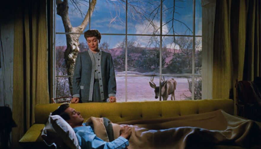 A woman stands over a sleeping man on a sofa. She stands in front of a picture window.