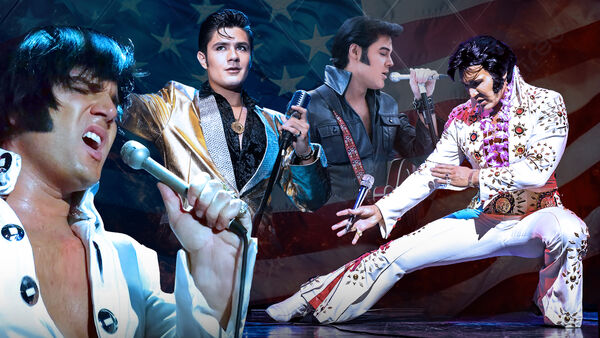 Composite with several Elvis tribute artists, an american flag in the background