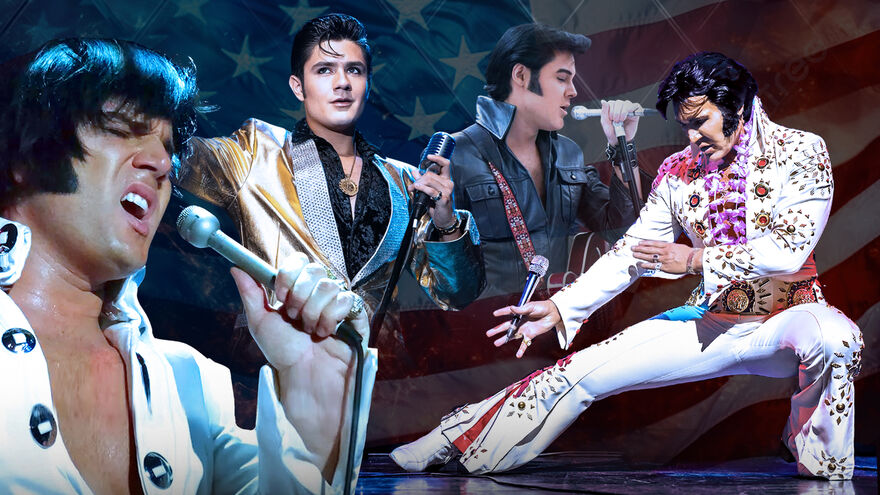 Composite with several Elvis tribute artists, an american flag in the background