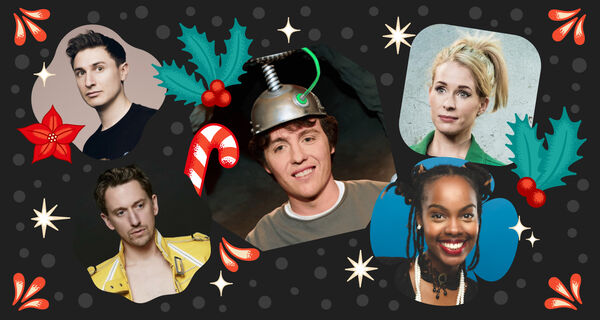 Composite image of comedians surrounded by holly, stars and candy canes