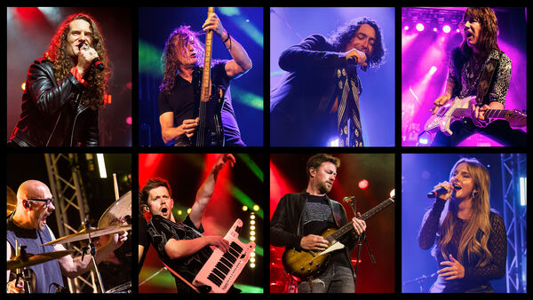 A composite image of performers singing and playing instruments